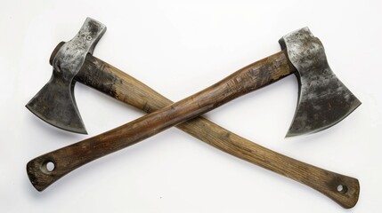 Pair of chopping axes, sharp and ready for use, crossed and laid on a clean white surface with isolate white background