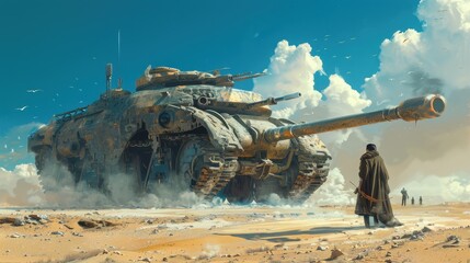 An ancient battle tank with modern upgrades, set in a post-apocalyptic landscape
