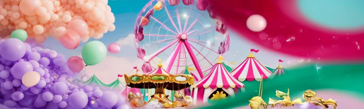 Easter greeting card web banner. Decorated Easter eggs against carnival scene with ferris wheel and colorful carousel background. Spring holiday copy space background