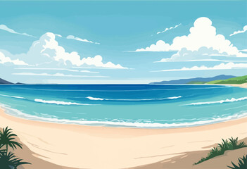 Serene Beach Scene with Blue Waves and White Clouds