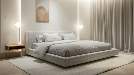 An elegant minimalist bedroom with a king-sized bed, light grey bedding, and a single piece of modern art on the wall, with soft, diffused lighting.