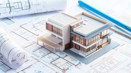 Commercial property layout with blueprints, documents, and a miniature building model on an isolated white background