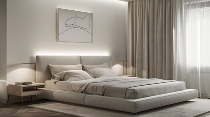 An elegant minimalist bedroom with a king-sized bed, light grey bedding, and a single piece of modern art on the wall, with soft, diffused lighting.