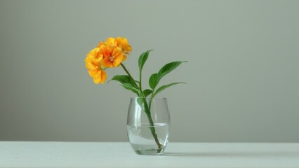 Fototapeta premium a single plant in a small vase on the table,