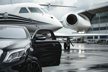 A black luxury sedan parked at the airport with a private jet in the background on a cloudy day. Generative AI