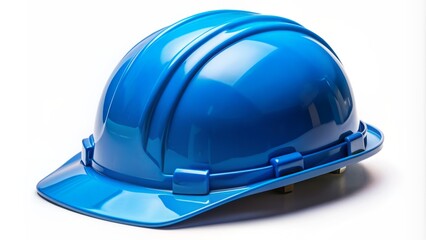 Fototapeta premium A bright blue hard hat sits isolated on a white background with subtle shadows accentuating its curves and texture.
