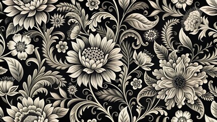 Elegant textured black and white seamless floral pattern background featuring intricate ornate botanical elements in classic monochrome design.