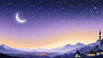 Fototapeta premium Night Sky View of a Cityscape with a Moon and Mountains