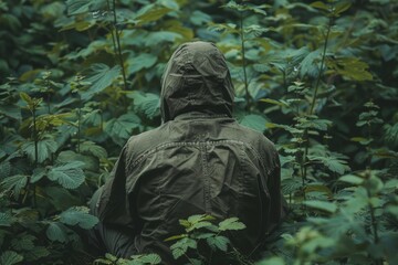 A person in a green hood with a painted green face is hiding in the tall green grass.