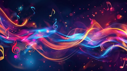 Abstract digital illustration of colorful musical notes and flowing wave-like light patterns on a dark background.