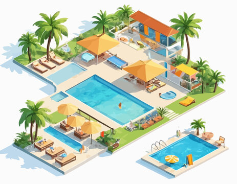 Luxurious Swimming Pool Complex with Palm Trees and Umbrellas