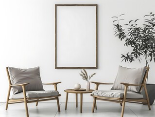 Contemporary living room with wooden chairs and an empty frame mockup against a white wall