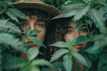 Two girls in a green hats  is hiding in the tall green grass.