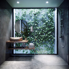 Home and decoration and cozy bathroom interior design and concrete wall background and plants...