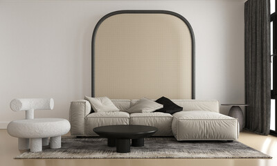 Home and decoration and modern living room interior design and white sofa and rattan wall pattern...