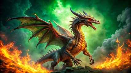 Majestic dragon figure on transparent green screen background with fiery flames and mist surrounding its powerful scales and claws.