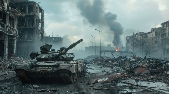 A battle-worn tank in an urban warzone, with buildings in ruins and smoke rising in the background