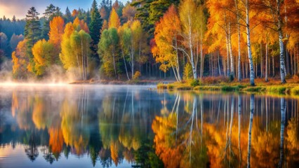 Obraz premium Serene misty morning in autumn forest with tall birch trees and colorful foliage reflecting in calm misty lake water surface.