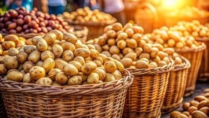 Freshly picked potatoes piled high in wicker baskets at morning market with soft blurred background and natural morning lighting.