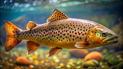 Naklejka premium Magnificent brown trout with vibrant orange spots and subtle scales swims solo in a serene, glass-enclosed aquatic environment.