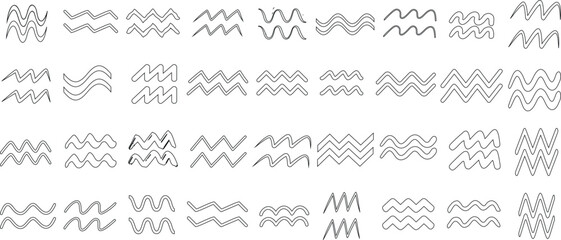 Aquarius symbol line art, wavy line vector icons, black outlines, abstract design, astrological elements, seamless patterns
