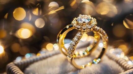 Gold diamond rings in an elegant retail store showcase, illuminated with beautiful lighting and a soft focus, bokeh background