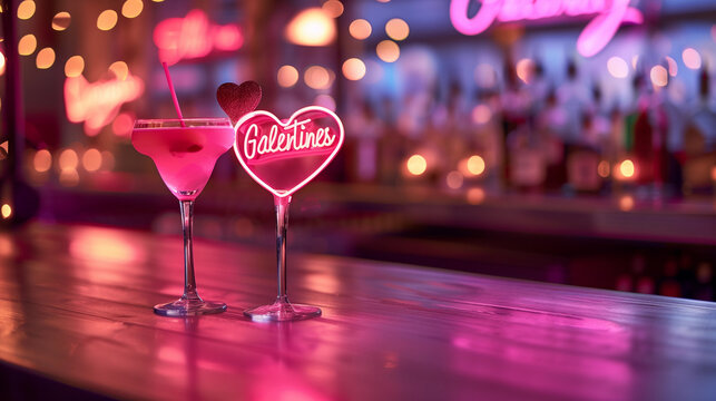 Pretty pink neon light Galentines day heart sign glowing with gin vodka girly pastel cocktails at club pub bar nightlife valentines party bestie girlfriend celebration decor event best friends sister