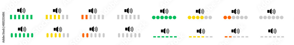 Poster volume control level vector color icons set. vector set with volume level from low to high. sound ba