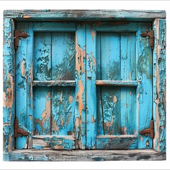 Naklejka premium old rusty wooden colorful window frame isolated on white background. Ai generative