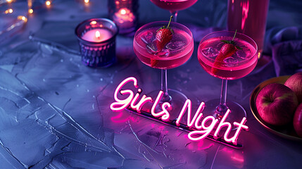 Fun pink neon Girls Night sign light glowing fancy vodka gin strawberry mix cocktails citrus fruits drink club bar Bachelorette Hen party ladies night out nightlife celebration decor event girly lux 