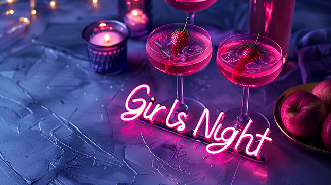 Fun pink neon Girls Night sign light glowing fancy vodka gin strawberry mix cocktails citrus fruits drink club bar Bachelorette Hen party ladies night out nightlife celebration decor event girly lux 