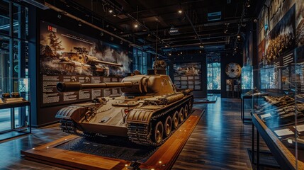 A vintage tank with modern weapons, displayed in a museum setting with information plaques
