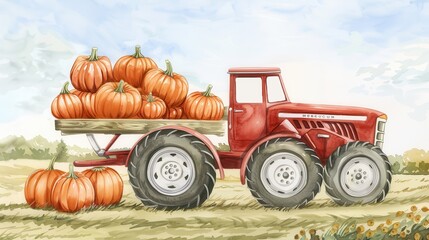 Autumn tractor, transporting a load of pumpkins, hardworking day, watercolor style