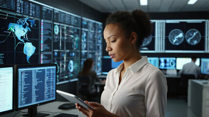 Young Multiethnic Female Government Employee Using Tablet Computer in System Control Monitoring Center.