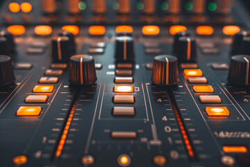 Professional audio mixing console with glowing buttons and sliders