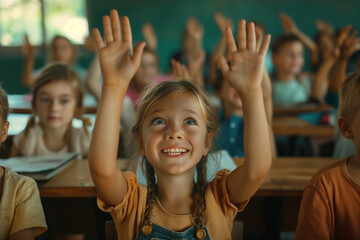 Fototapeta premium A young girl is smiling and raising her hands in the air