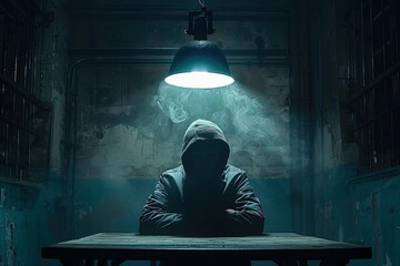A person wearing a hooded jacket sits at a wooden table in a dimly lit room, illuminated by a single, bright overhead lamp. Generative AI
