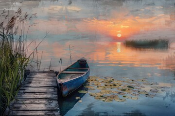 Obraz premium A Peaceful Sunset Over a Tranquil Lake