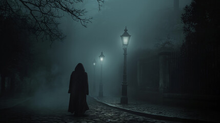 Hooded Figure or Shadowy Killer Walking Through Fog and Darkness on a Dark, Foggy Night in Victorian-Era England