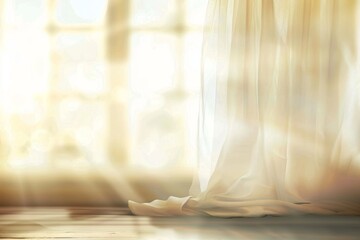 Warm sunlight streaming through sheer curtains in cozy room