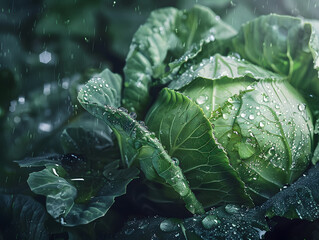 Obraz premium Fresh cabbage in droplets of water in the garden bed. Neural network AI generated art