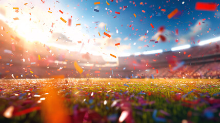 Vibrant stadium scene with confetti falling on a sunlit field, suggesting celebration or victory in a sports event.