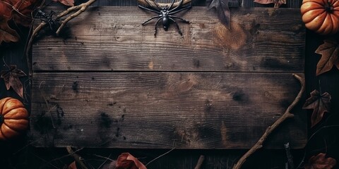 A wooden sign with a spider on it and a bunch of pumpkins and leaves surrounding it. The sign is meant to be a Halloween decoration