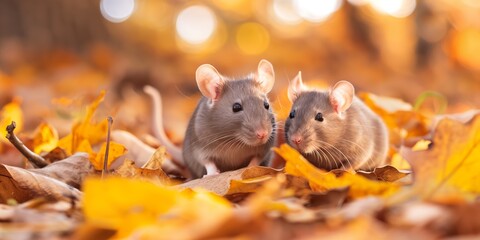 Two small gray rats are sitting on a pile of yellow leaves. Scene is peaceful and calm, as the rats seem to be enjoying their time in the autumn setting