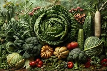 A beautiful colorful bouquet of fruits and vegetables, the richness of nature, a generous harvest.