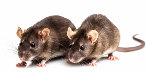 Two rats are standing next to each other on a white background. Concept of companionship and familiarity between the two rodents