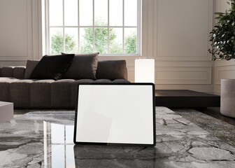 Tablet copy space mock up with blank screen on living room, classic styled interior design aesthetic for blog, web, social media template