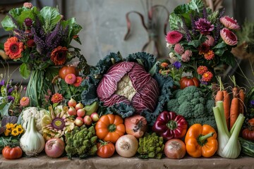 A beautiful colorful painting of fruits and vegetables, the richness of nature, a generous harvest.