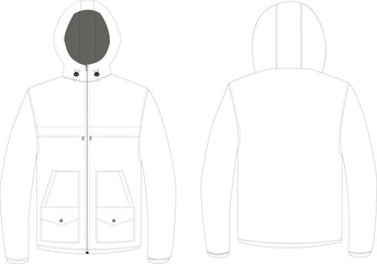 This technical drawing presents a detailed illustration of a men's outdoor jacket with a hoodie and stylish design. Precise lines depict construction features and standout design elements.