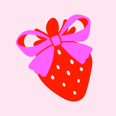 Red strawberry with a pink bow. Coquette ballet core. Printable flat vector illustration for textile, fabric, wallpaper, wrapping